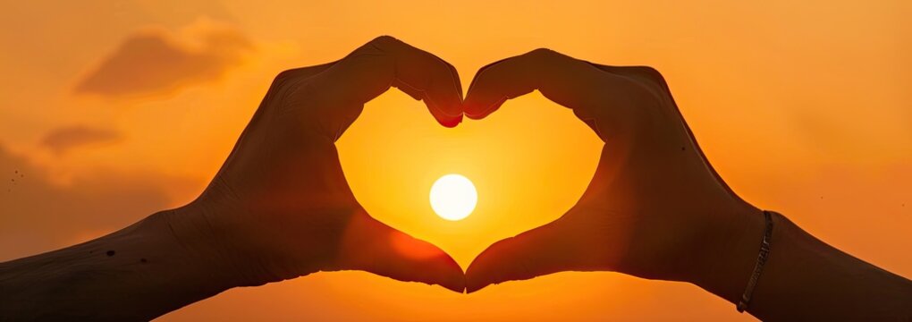 A heart shape made by two hands against the backdrop of an orange sky with sunlight, symbolizing love and affection for Valentine's Day - Powered by Adobe