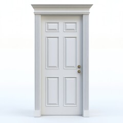 A white door with six solid wood panels, top and bottom frames, simple style, front view, white background
