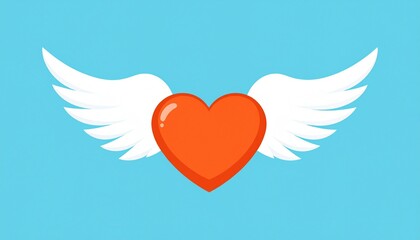 Cute cartoon illustration of a flying red heart with angelic white wings against a serene blue sky, symbolizing love, freedom, and romance.