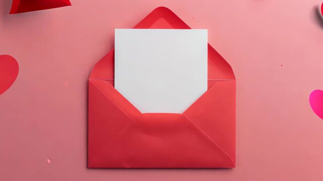 A vibrant red envelope holds a blank card, surrounded by floating hearts, set against a soft pink background. Perfect for love-themed messages.