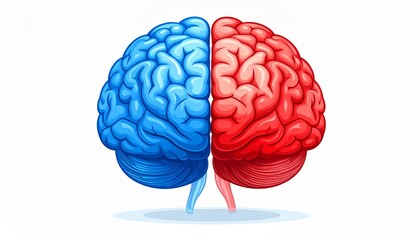 Creative right brain and logical left brain concept illustration in red and blue colors on a white background.