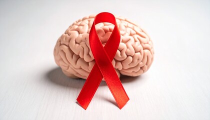 A symbolic red ribbon placed near a human brain model, representing crucial awareness campaigns for neurological health and support initiatives.