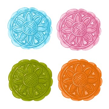 Isolated four flavor mooncake on top view. Whole mooncake on white background.Mid Autumn Festival cake, traditional food for celebration.Authentic Asian cuisine illustration.  