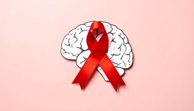 Red Ribbon On A Paper Brain Against Pink Background - Symbolizing Awareness and Support for Brain Health and Disease