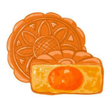 Isolated mooncake with Mung bean paste and egg yolk. Whole and half cut mooncake on white background.Mid Autumn Festival cake, traditional food for celebration.Authentic Asian cuisine illustration.  