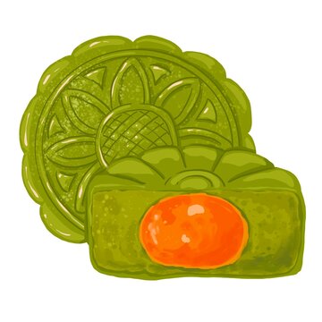 Matcha mooncake with matcha paste and egg yolk. Whole and half cut mooncake on white background.Mid Autumn Festival cake, traditional food for celebration.Authentic Asian cuisine illustration.  