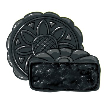 Isolated black mooncake with sesame paste. Whole and half cut mooncake on white background.Mid Autumn Festival cake, traditional food for celebration.Authentic Asian cuisine illustration.  