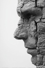Stone face sculpture, fragmented profile, monochrome