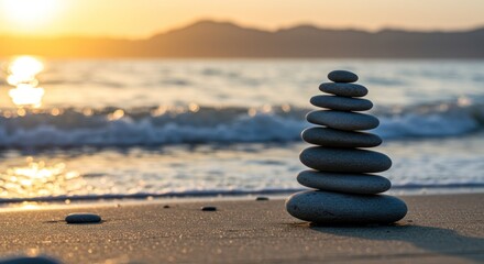Stacked stones on a beach at sunset.  Gentle waves lap at the shore.  A serene, balanced pyramid of stones
