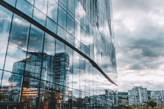 Modern glass skyscraper reflecting cityscapes - Powered by Adobe