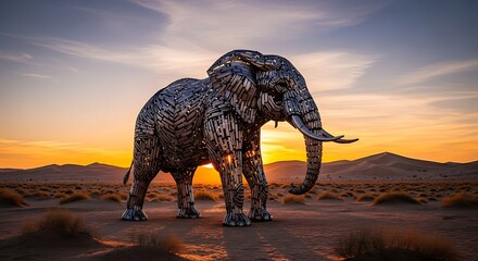 Fototapeta premium Metal Elephant Sculpture in Desert at Sunset Art and Imagination Symbolizing Strength and Beauty Majestic Wildlife with Dramatic Lighting