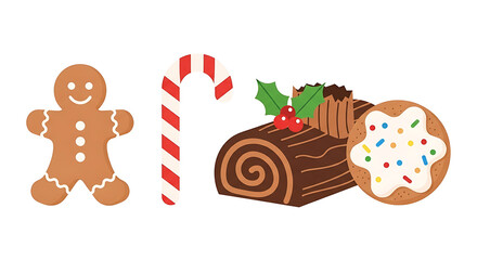 Festive Christmas Treats: Gingerbread Man, Candy Cane, Yule Log Cake and Star Cookie