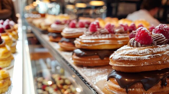 A mouthwatering eclair topped with chocolate and fresh raspberries, beautifully presented in a bakery environment, perfect for dessert lovers.