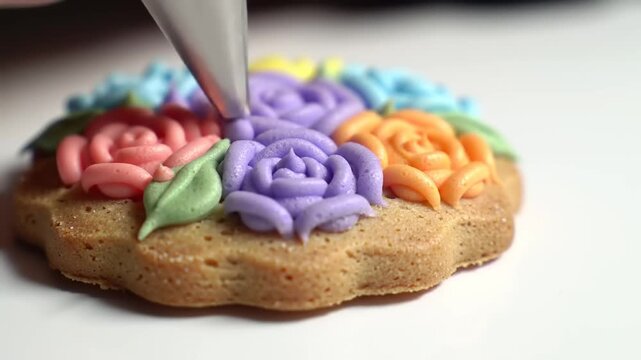 Colorful flower-shaped icing on a round biscuit