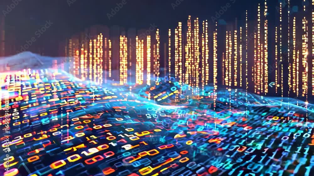 Aufkleber experience a captivating digital landscape featuring flowing binary code illuminated by vibrant ligh