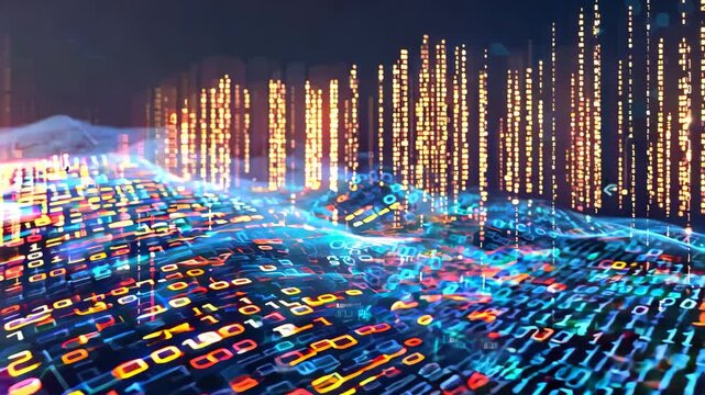 Experience a captivating digital landscape featuring flowing binary code illuminated by vibrant lights, symbolizing technology and innovation in a futuristic world.