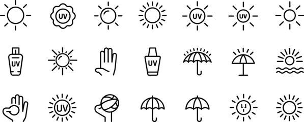 Flat vector UV protection icons with sun, sunscreen, umbrella, sunlight, skin safety, beach, hand shield, UV rays illustration