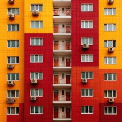 Fototapeta premium Geometric apartment building facade with alternating red and yellow walls, featuring numerous air conditioning units and balconies