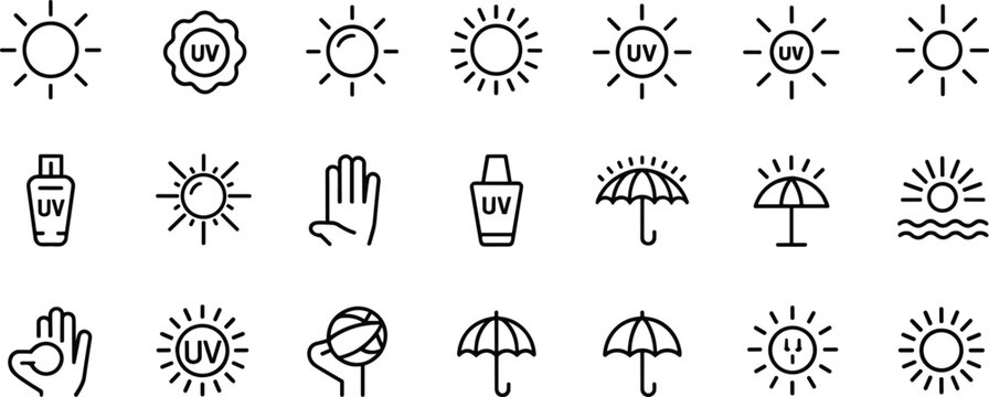 Flat vector UV protection icons with sun, sunscreen, umbrella, sunlight, skin safety, beach, hand shield, UV rays illustration