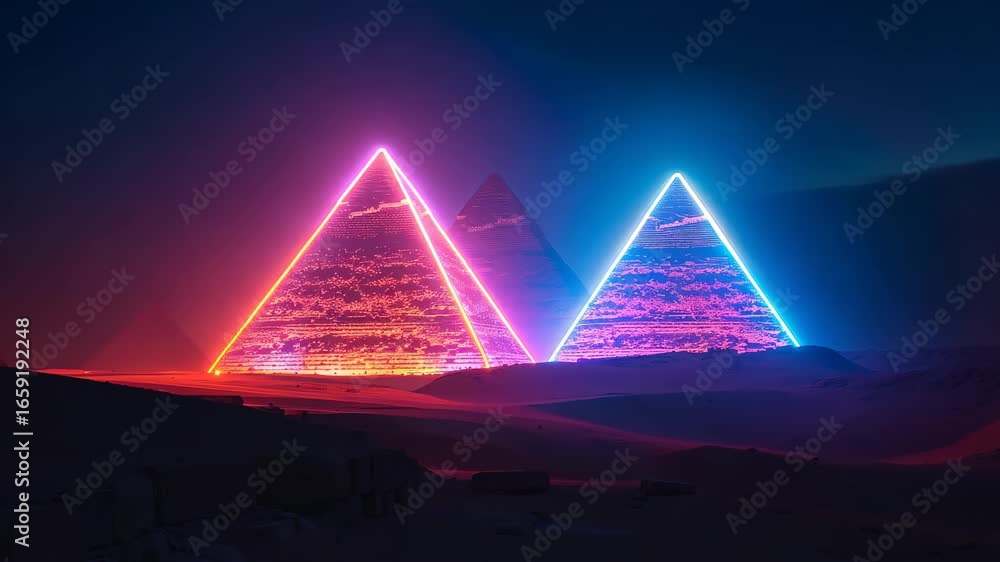 Poster Vibrant neon pyramids glow against a twilight desert backdrop, creating an artistic scene. This mystical landscape offers an enchanting view of ancient geometry.
