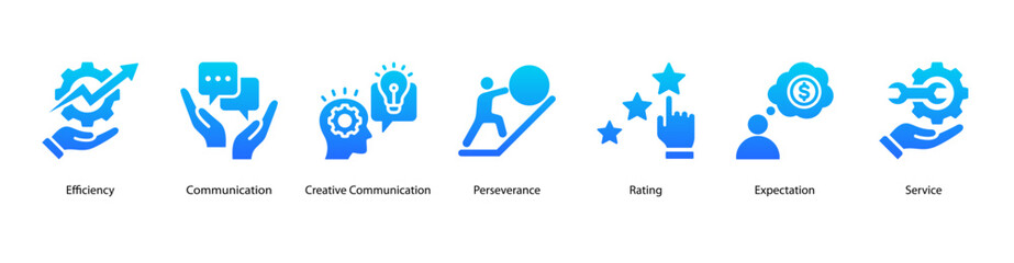 Service Quality Essentials web banner icon vector illustration featuring Efficiency, Communication, Creative Communication, Perseverance, Rating, Expectation, and Service.