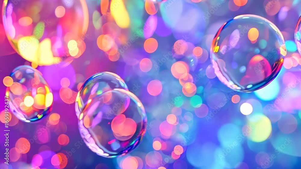 Poster this vibrant image features colorful bubbles floating against a dreamy, blurred background. the shin