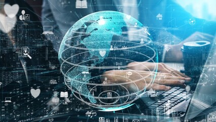 Abstract visualization of a digital globe surrounded by online icons, depicting modern technology and communication concepts through a connected workspace environment. Xenic