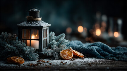 Rustic lantern with glowing candle surrounded by snow dusted spruce branches, dried orange slices and cozy blue fabric, atmospheric winter holiday still life with copy space.