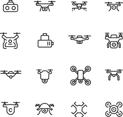 Flat vector drone icons with quadcopter, aerial camera, flying technology, remote control, surveillance, VR, photography, and futuristic innovation