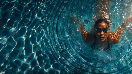Female swimmer performing the butterfly stroke in a shimmering pool, creating dynamic ripples and splashes under sunlight, athletic water sports action with copy space.