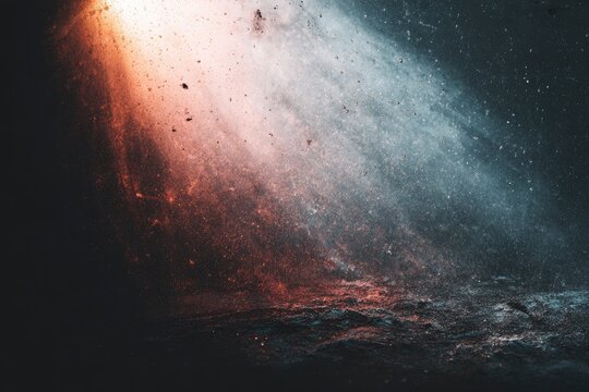 Dark space, vibrant light beams, dust