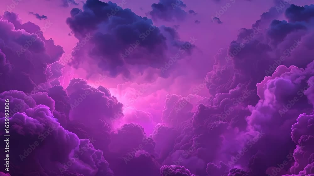 Poster An enchanting purple cloudscape illuminated by soft lighting, creating a serene and dreamy atmosphere. Perfect for backgrounds and artistic projects.