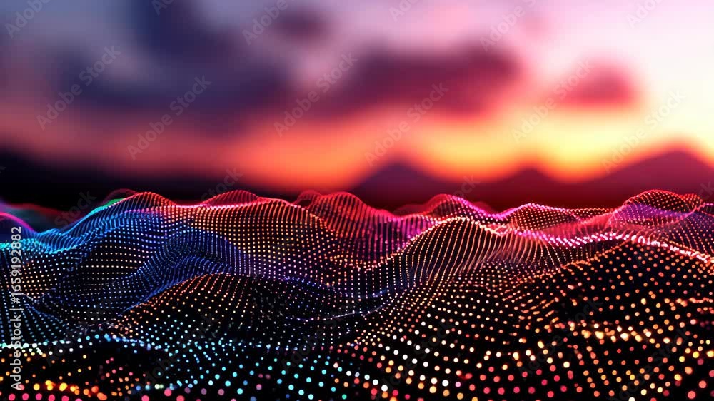 Aufkleber this vibrant image showcases a colorful wave pattern illuminated against a glowing sunset sky, creat