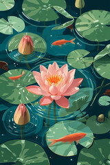 Lily Pads, Lotus Flower, Buds, and Fish in Pond Illustration