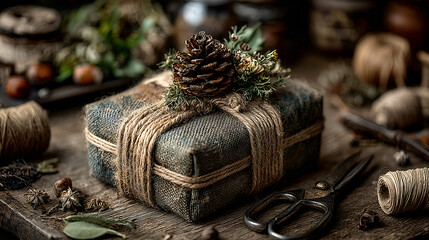 Rustic wrapped gift box in natural burlap tied with twine and decorated with pine cone and dried flowers on wooden table with twine and scissors, eco friendly holiday packaging.