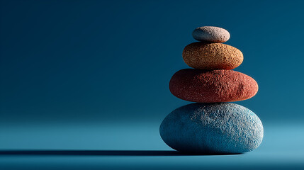 Minimalistic composition of balanced colourful textured stones stacked against gradient blue background with copy space, zen balance and harmony concept.