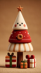 Adorable stylised Christmas tree figure with smiling face, wooden star topper and stacked layers stands beside colourful wrapped gifts against warm brown background.