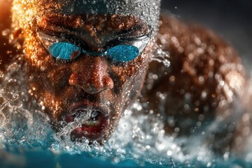 Focused swimmer in freestyle, indoor pool, water splashes background.  Possible use Sports, fitness, motivation