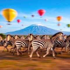 Dynamic action painting of zebras galloping across Amboseli National Park, Kenya, with Mount Kilimanjaro with generative ai