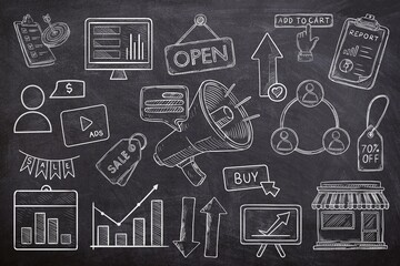 Various of marketing items seamless set on black background. Sketch of marketing tools on chalk board. Line art of marketing and economy on black board