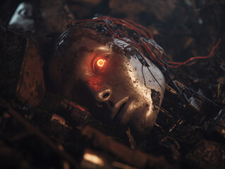 a broken AI robot lying in a pile of junk and scrap metal, damaged face with exposed wires and cracked metallic surface, rust and dirt covering the body