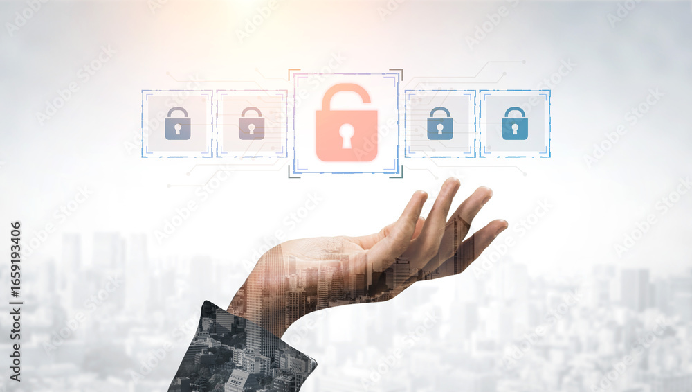 Poster digital security concept illustrating a cybersecurity breach, with a red unlocked padlock indicating