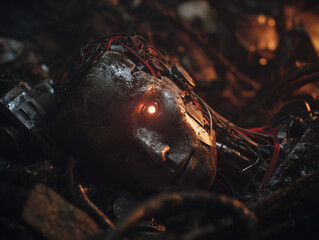 a broken AI robot lying in a pile of junk and scrap metal, damaged face with exposed wires and cracked metallic surface, rust and dirt covering the body