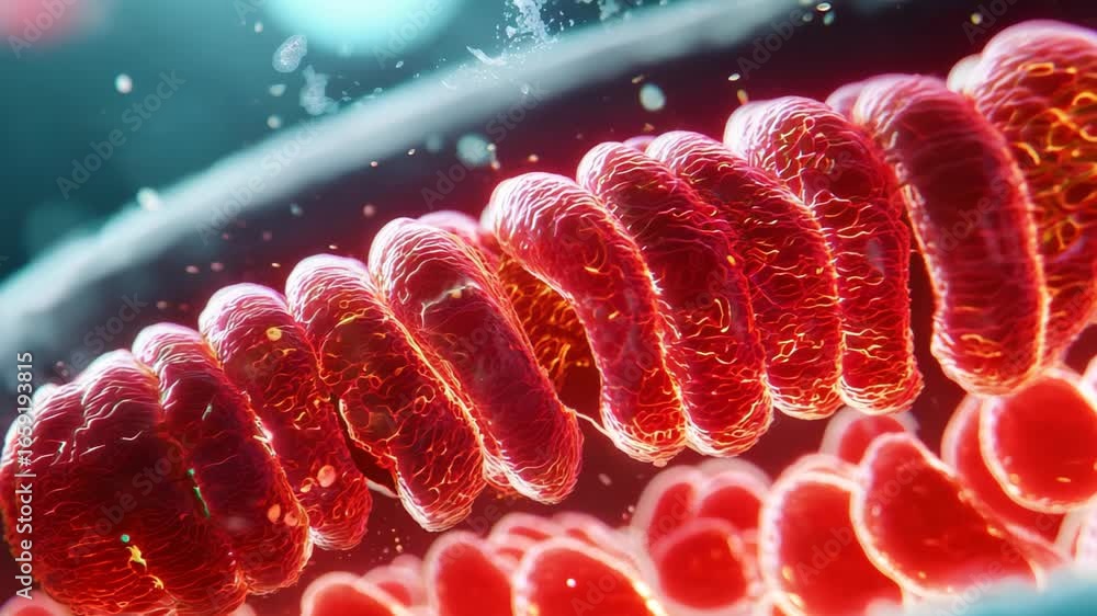 Poster intricate and vibrant visualization of a biological cell structure, showcasing red textures and dyna