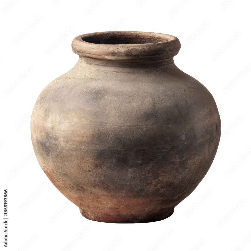 Poster ancient clay pot with round shape and rustic texture, showcasing earthy tones and weathered appearan
