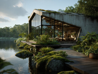 a modern industrial factory surrounded by lush green trees and landscaped gardens, clean futuristic architecture with glass and steel