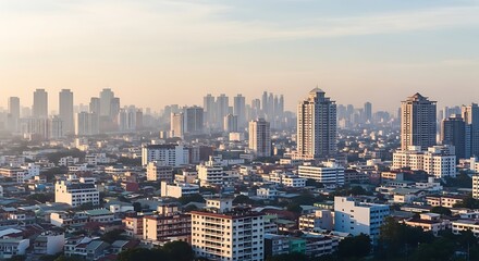 Obraz premium Dense Urban Cityscape at Sunrise or Sunset with Hazy Horizon and Modern Skyscrapers