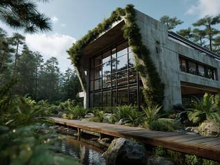 a modern industrial factory surrounded by lush green trees and landscaped gardens, clean futuristic architecture with glass and steel