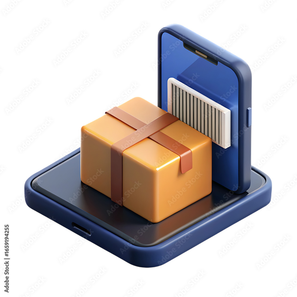 Poster 3d package scanning with smartphone isolated on transparent background