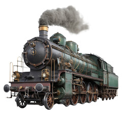 Naklejka premium Vintage steam locomotive with smoke billowing from chimney, showcasing intricate details and classic design. This powerful engine represents golden age of rail travel